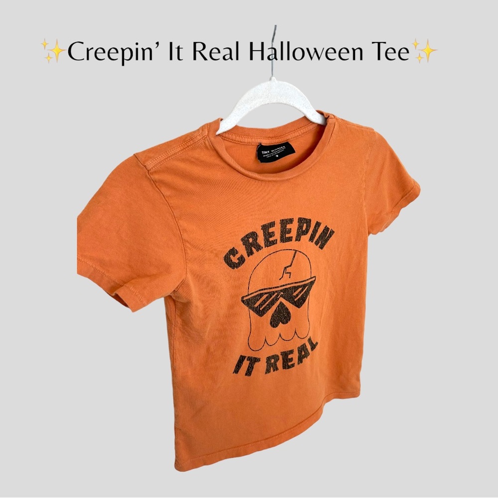✨Kid’s Halloween Skull Tee. “Creepin’ It Real” in Orange and Black. Size 8✨‎ - Picture 2 of 7